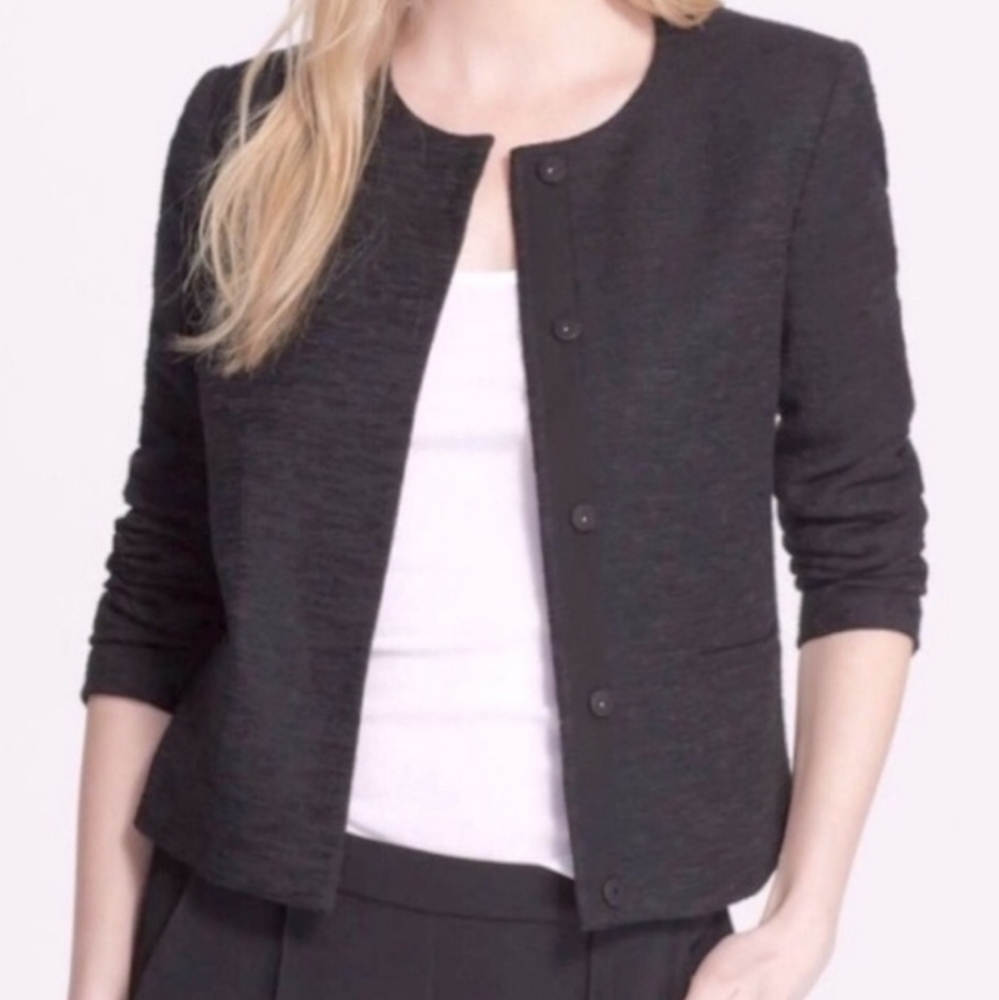 VINCE Slub Textured Cotton-Blend Collarless Blazer, Black, Size Medium